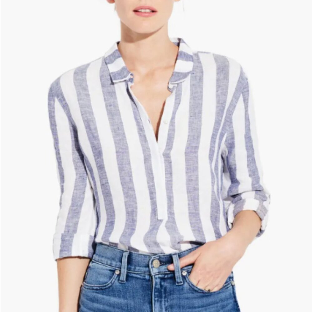 AYR The Easy Linen Long Sleeve Blue Stripe Half Button Front Shirt/Tunic XS